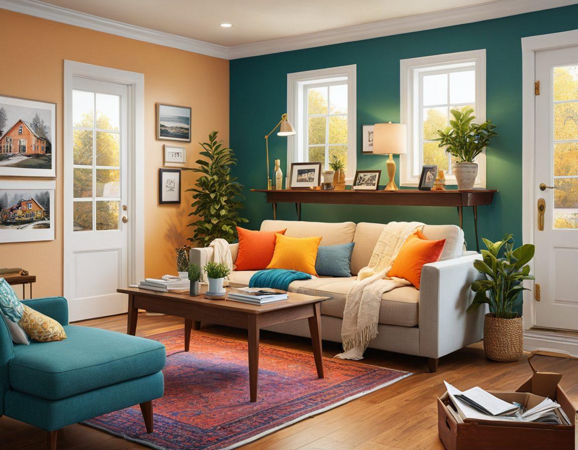 A visually engaging collage featuring a cozy rental apartment, a family home with a 'For Sale' sign, and a protective shield symbolizing insurance. Include various insurance documents, keys, and a calculator to represent financial planning. The scene should radiate warmth and security, illustrating the journey of choosing insurance. super-realistic. vibrant colors. warm lighting.