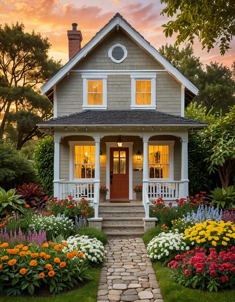 A cozy, secure home nestled in a lush garden, with symbols of various types of insurance (like a shield, house icon, and dollar sign) floating around. A confident family stands proudly in front of the house, representing security and happiness. A warm sunset in the background casts a golden glow, emphasizing stability and protection. super-realistic. vibrant colors. soft focus.
