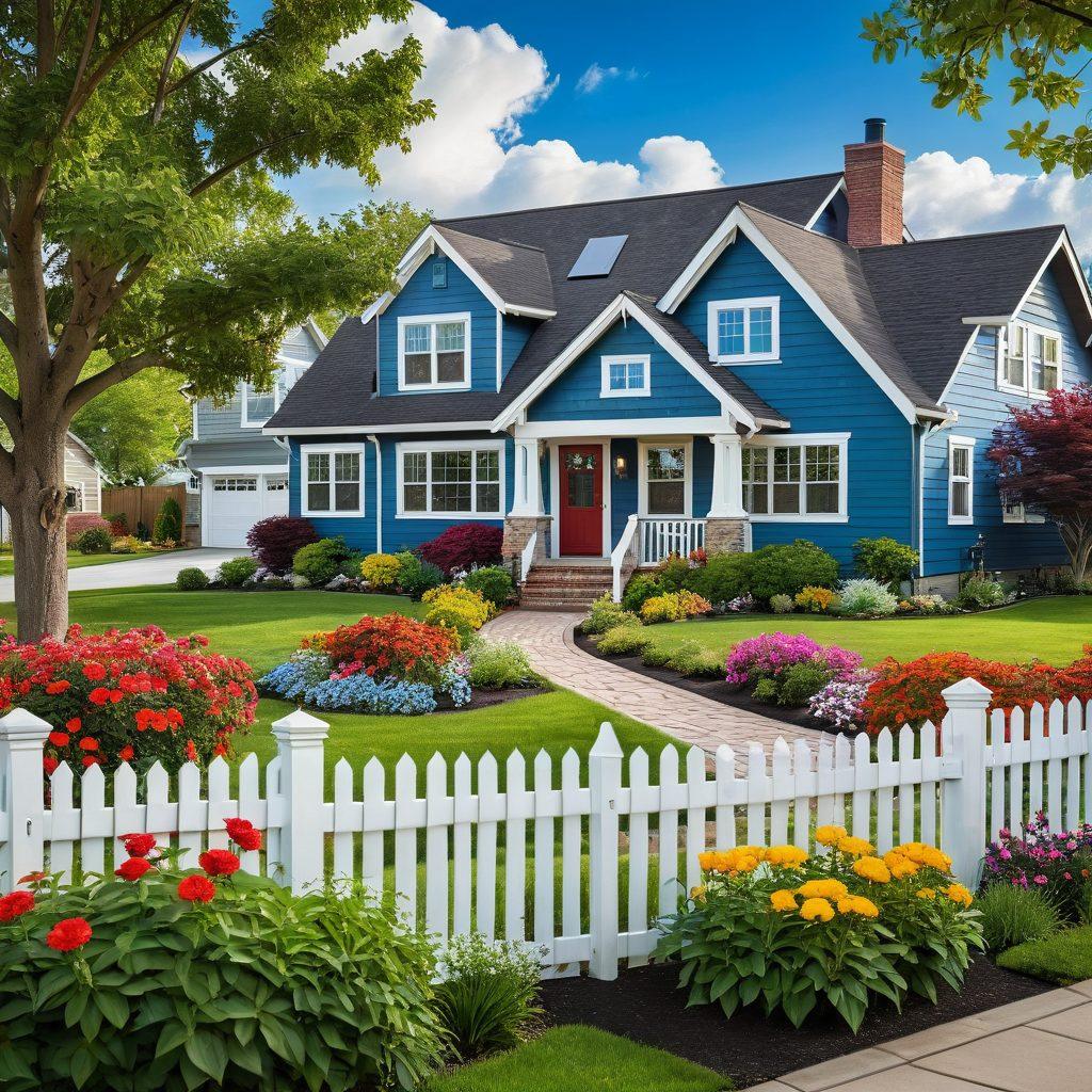A serene suburban neighborhood with a cozy house showcasing a sturdy fence and an inviting garden, while a family enjoys time outdoors. In the foreground, a shield symbol representing homeowners insurance is artistically integrated, alongside icons of safety like a lock and a smoke detector. The sky is bright and welcoming, hinting at a peaceful atmosphere. super-realistic. vibrant colors. 3D.